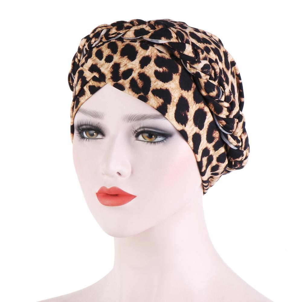 Bohemia Printed leopard cotton turban cap braid muslim head turbans for women pearls headscarf bonnet islamic inner hijabs caps
