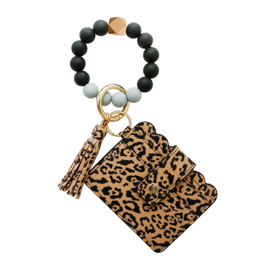 Purdored 1 Pc 13 Kleuren Mode Vrouwen Armbanden Kaarthouder Luipaard Vrouwelijke Visitekaartje Case Polsband Sleutelhanger Voor Mannen: leopard x beads