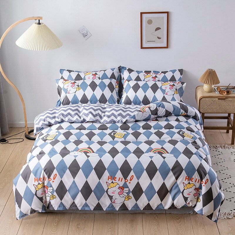 Grid Bedding Set, Duvet Cover Pillowcase 3pcs 220x240,135x200 Child Quilt Cover,Unicorn Pattern Double Queen King Size Bed Sets