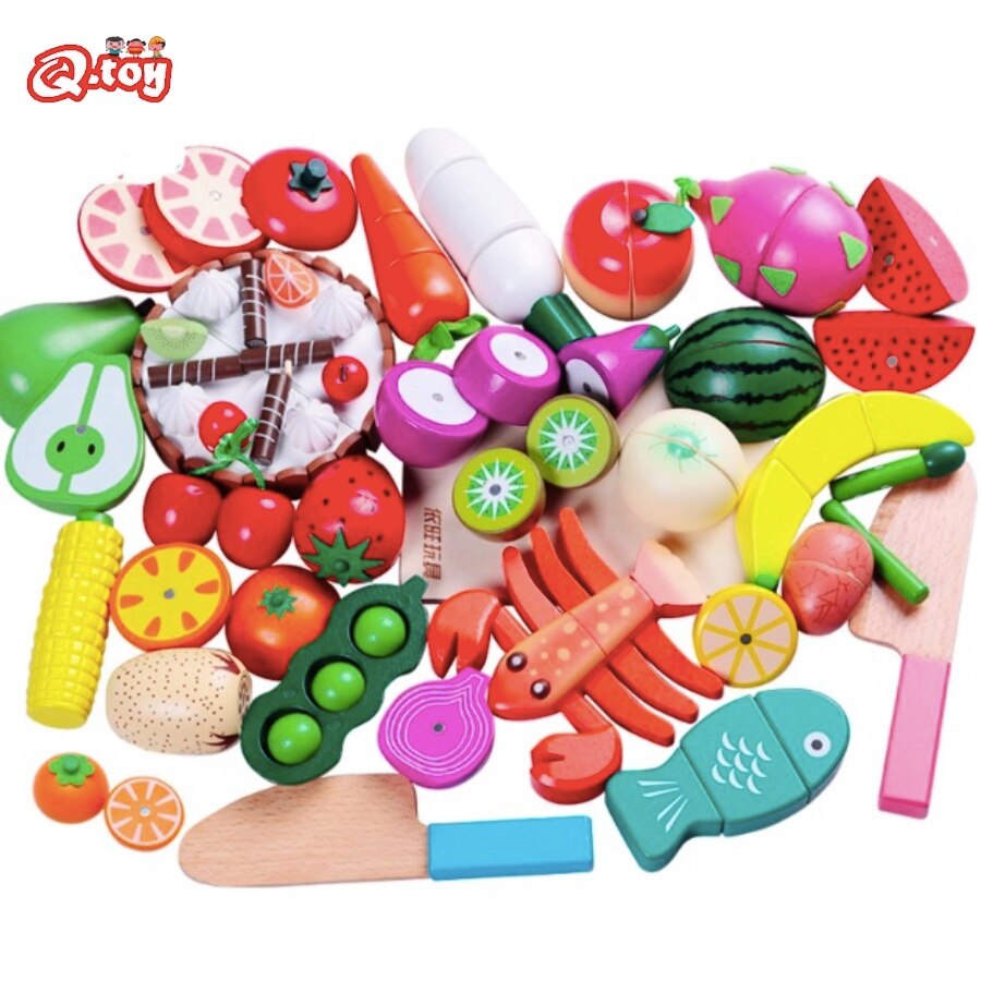 Wooden cutting fruit kitchen toy Food Toys Fruit Fish Vegetable Blocks Montessori preschool educational toy kids Birthday