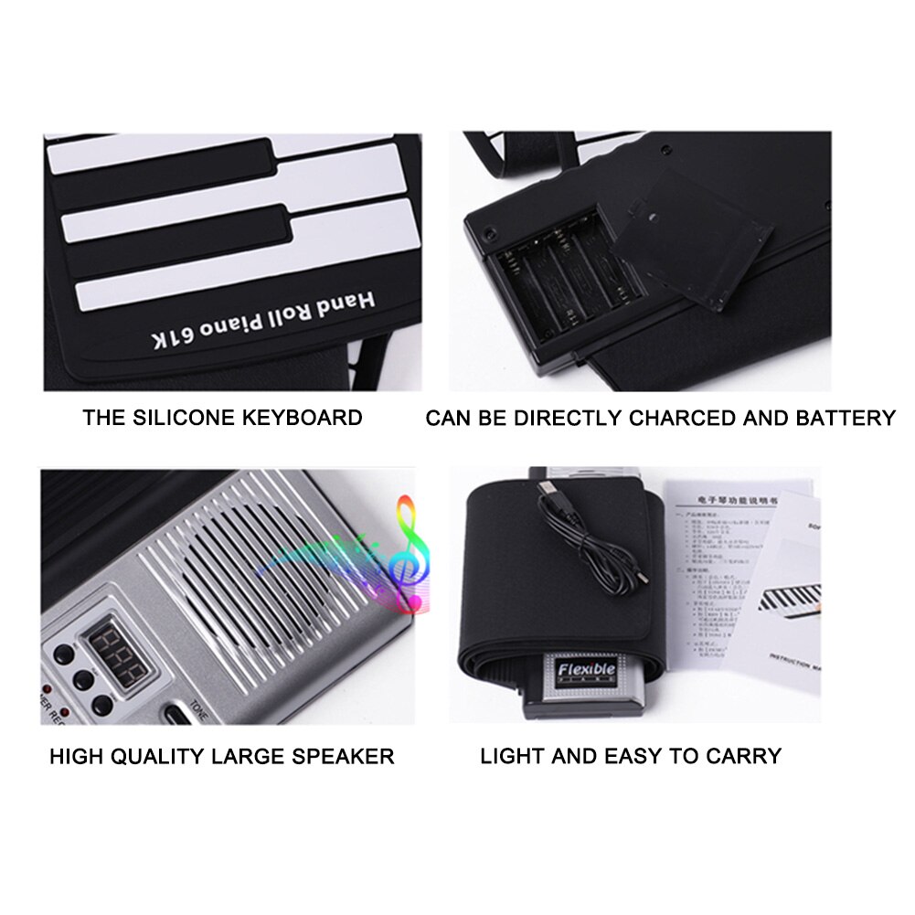 61 Keys Roll Up Piano Portable Rechargeable Electronic Hand Roll Piano with Silicone Piano Keyboard for Beginners