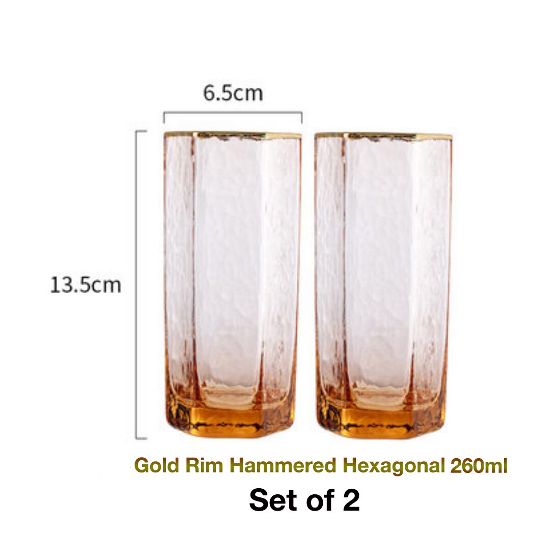 2 PCS Hexagonal Hammered Gold Rim Champagne Glass, Wine Glass,Whisky Glass, Water Glass Set of 2: 260ml set of 2