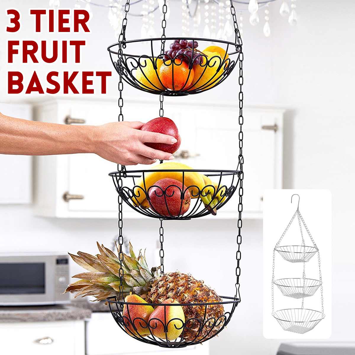 3-Tier Metal Delicate Fruit Display Basket Hanging Basket Sturdy Vegetable Rack Vegetable Hanging Basket