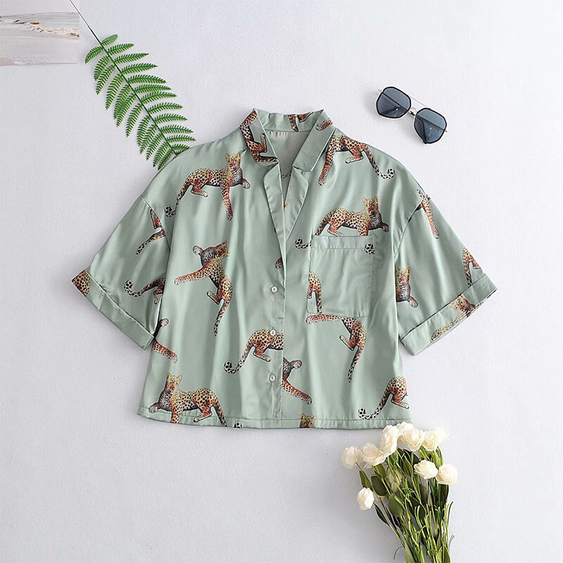 Women Animal Leopard Satin Pajama Suits Short Sleeve Shirt Tops Elastic Waist Wide Leg Shorts Set Female Summer Casual Homewear