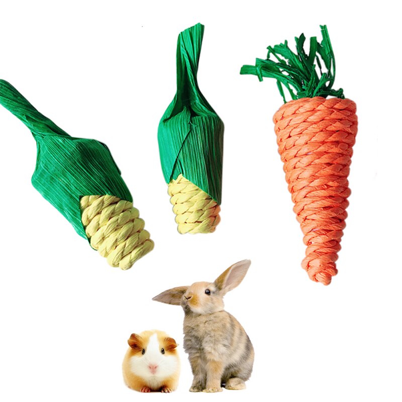 Juguete para morder para hámster, conejo, zanahoria, maíz, rábano, juguetes molares tejidos, limpieza de dientes de conejillo de indias, suministros para mascotas pequeñas