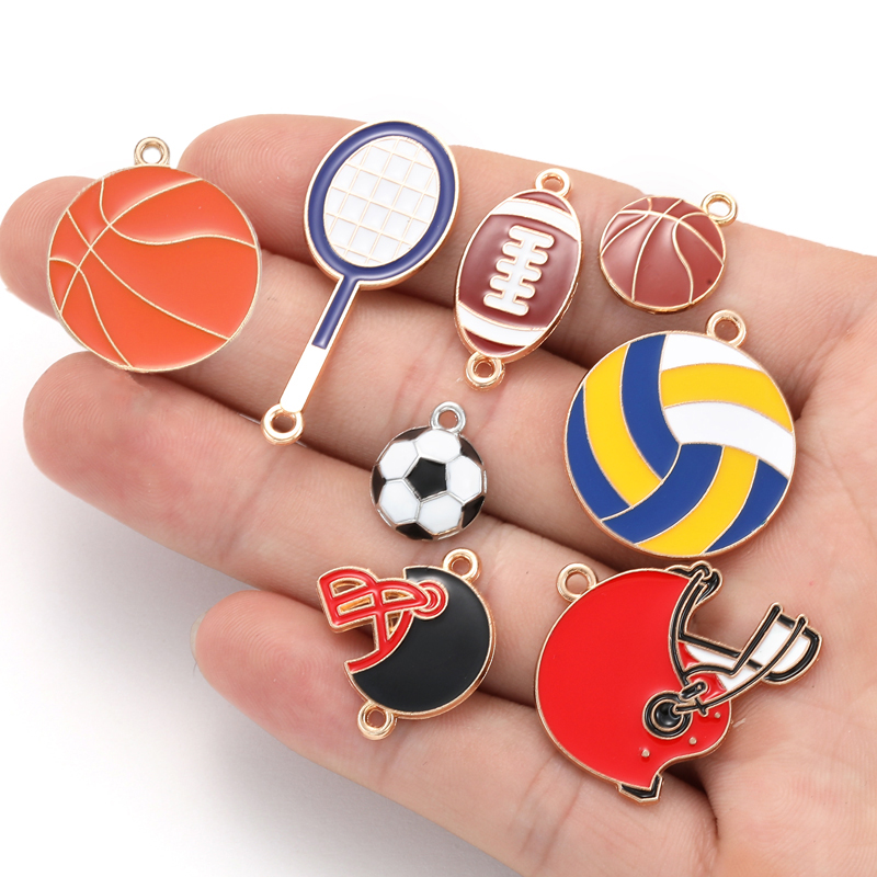 10 stuks geëmailleerde rugby-, voetbal- en badmintonracketbedeltjes voor armbanden, sleutelhangers, kettingen en sieraden, accessoires voor het maken van sieraden  w363