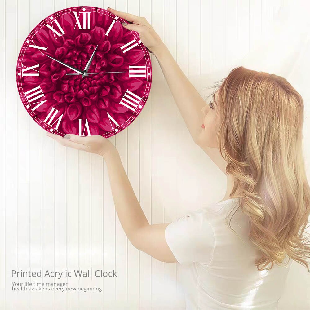 Flower Printed Clocks Modern Beautiful Pink Dahlia Large Round Clock Wall Watch Floral Pettern Beauty in Nature Horologe