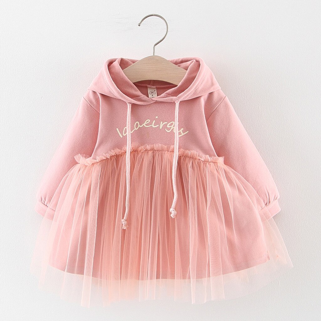 herfst en winter modelsToddler Baby Kids Meisjes Ruches Brief Tulle Patchwork Hooded Sweater Jurk Vallen vervoer