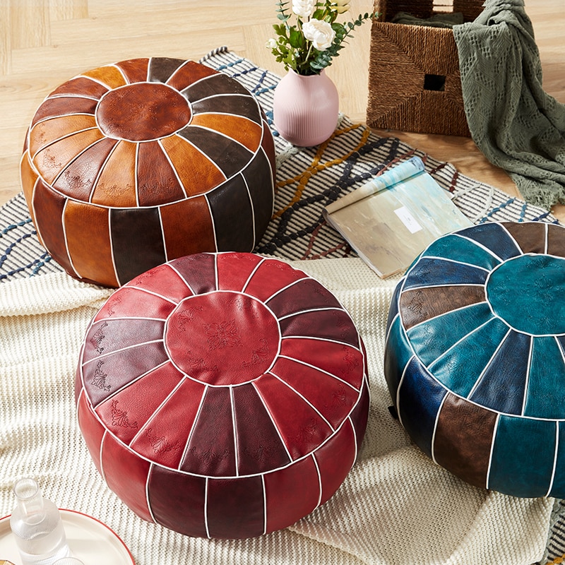 Pouf en cuir PU marocain, coussin non rembourré, repose-pieds, broderie artisanale, Pouf rond et grand, 50*50*25cm