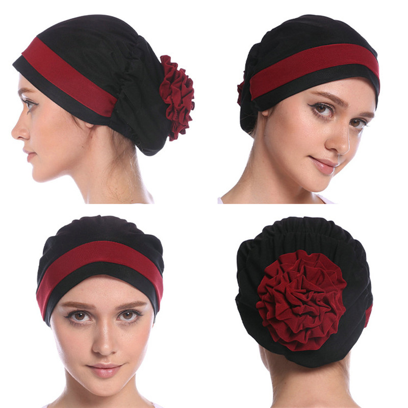 H133 frente dos colores turbante hijab estiramiento interior Hijabs cobertura completa gorras listas para usar mujeres pañuelo para la cabeza debajo del Hijab Bo: Red brown