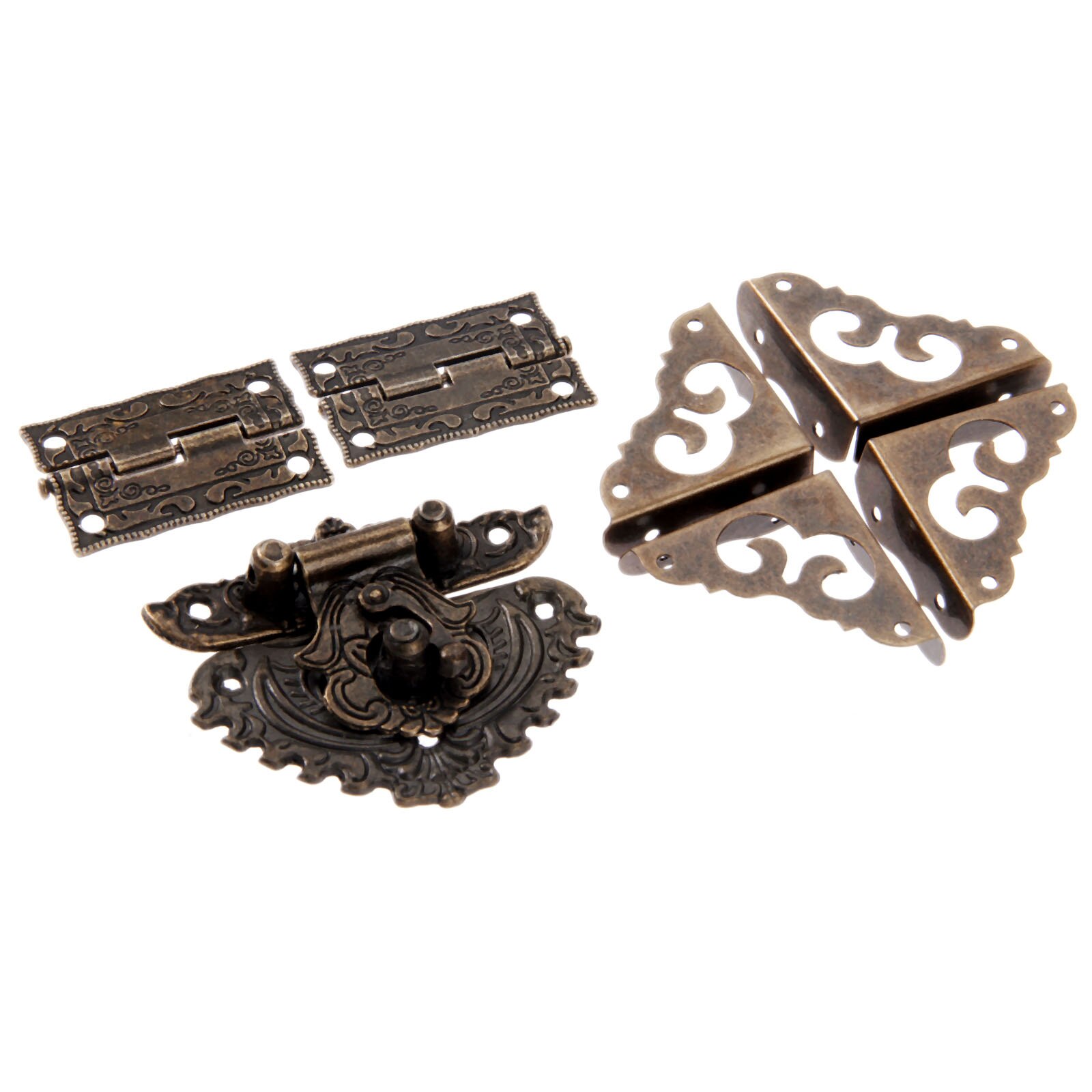 7pcs/set Latch Hasp Toggle Buckle+ Hinges+Corner Protectors Antique Bronze Retro Decor Furniture Hardware Jewelry Wooden Box