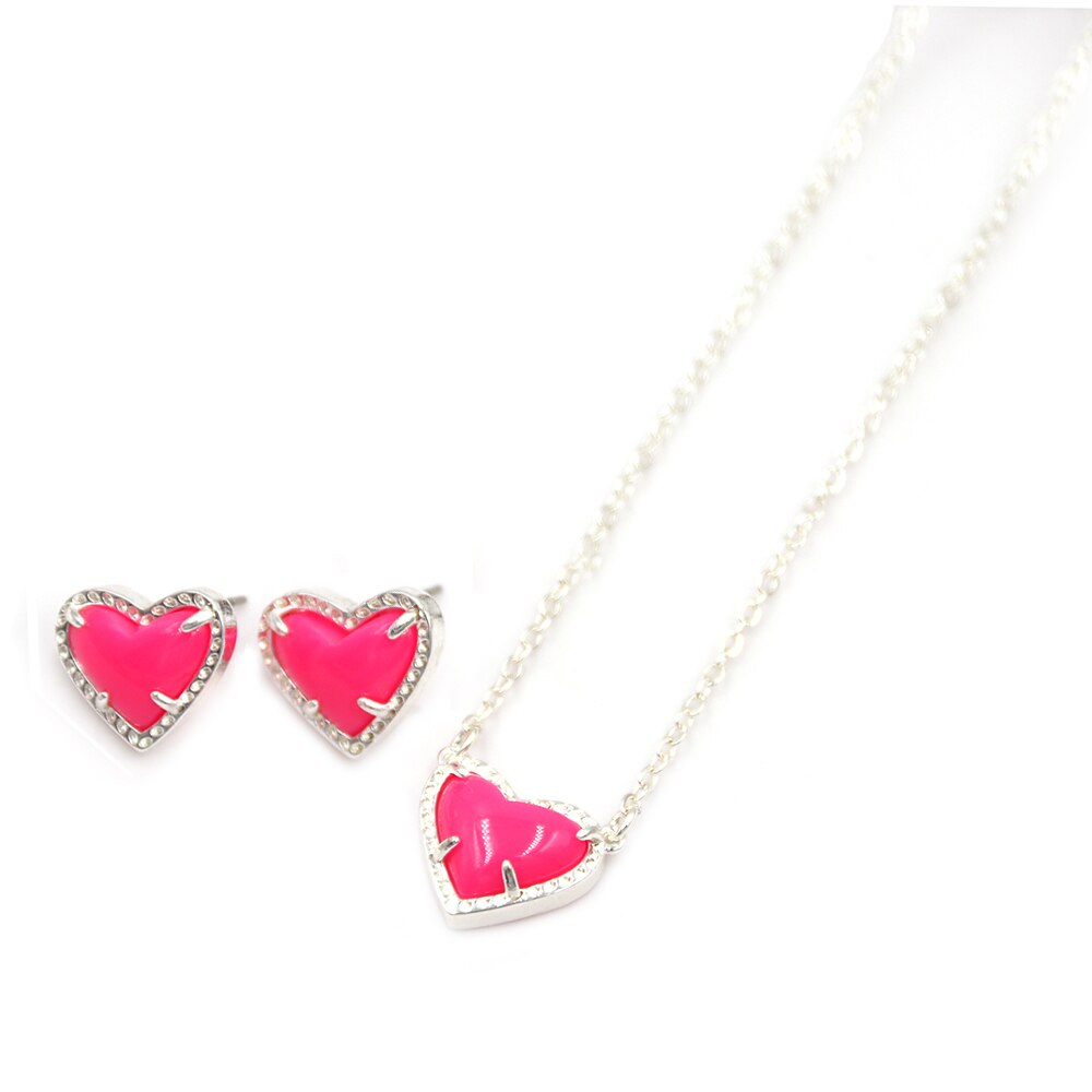 harz NEON Farbe 3D Liebe Herz Stein Inlay Mini Herz Anhänger Halskette Schöne Rosa Herz Anhänger Halskette: Silver Pink Set