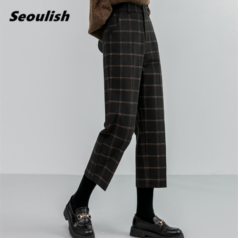Seoulish Herfst Winter Wollen Plaid Vrouwen Formele Rechte Broek Hoge Taille Enkellange Chic Losse Dames Broek pocket