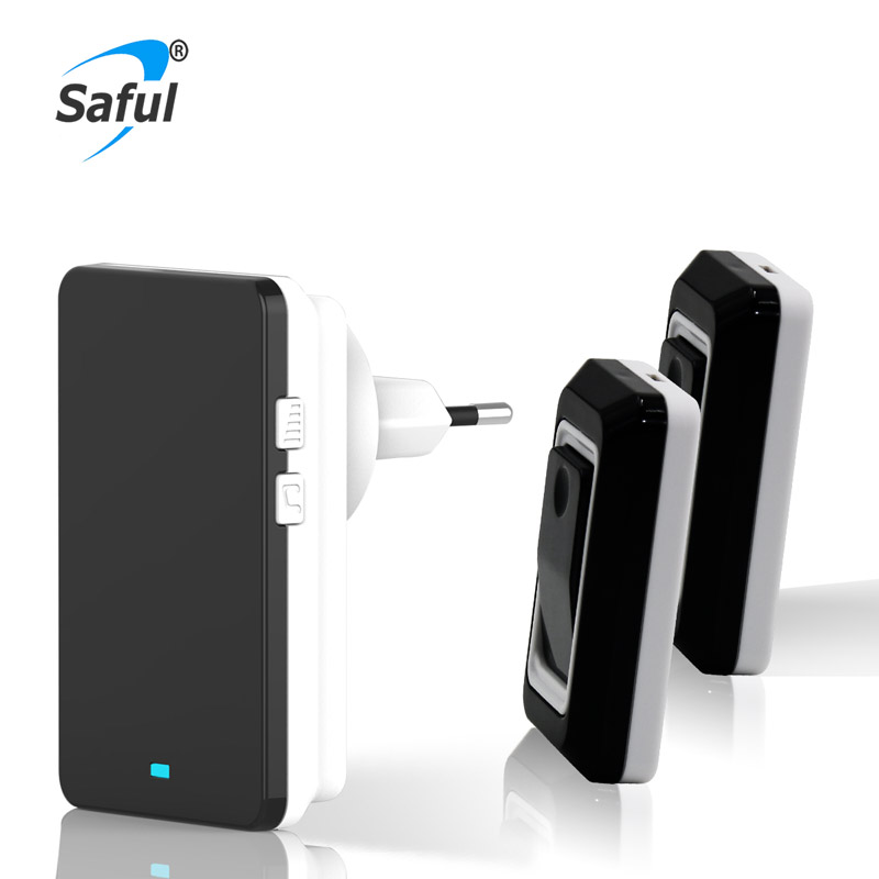 Saful Wireless Door Bell Push Button Waterproof LED light with 2 Outdoor Transmitter+1 Indoor Receiver with UK/US/AU/EU plug