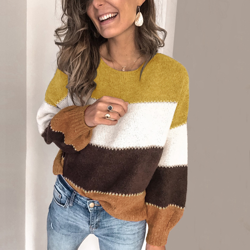 Suéteres casuales de retazos a rayas, ropa de mujer, ropa de calle de otoño e invierno, suéteres de punto sueltos, tops femeninos, llegaron: 3392- amarillos / Metro