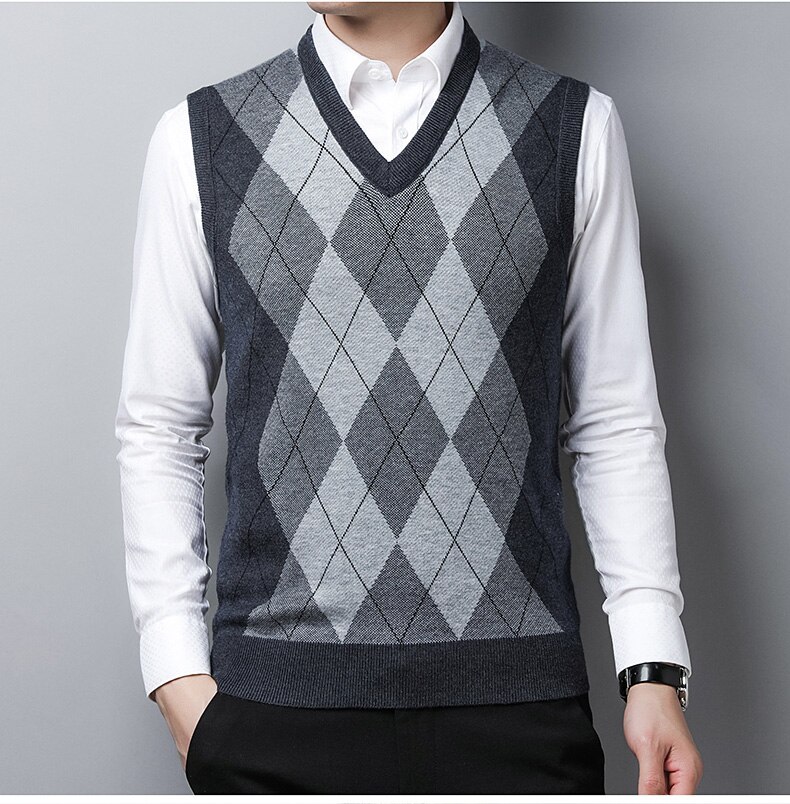 Manlig tjock tröja väst höst argyle mönster ärmlös tröja tröja casual man ull tröja väst: Mörkgrå / Xxl