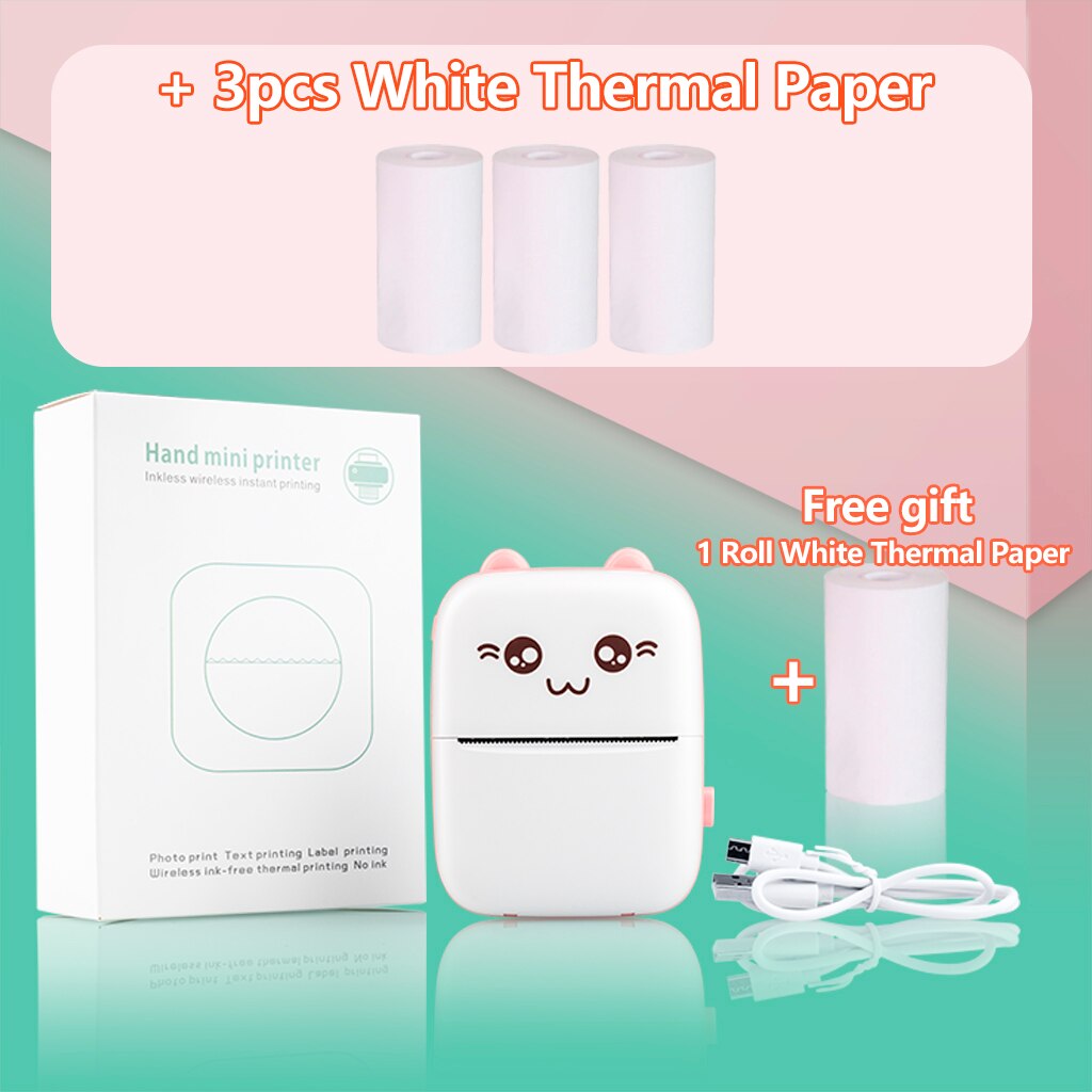 Portable Thermal Printer Paper Photo Pocket Cat Thermal Printer 57mm Printing Wireless Bluetooth Android IOS Printers For Child: Pink 3 White Paper