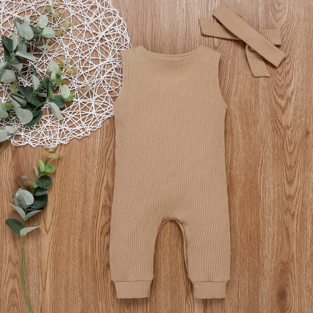 0-24m spedbarn baby jente gutt romper solide ermeløs nydelig jumpsuit+hodebånd 2 stk antrekk klær sommer