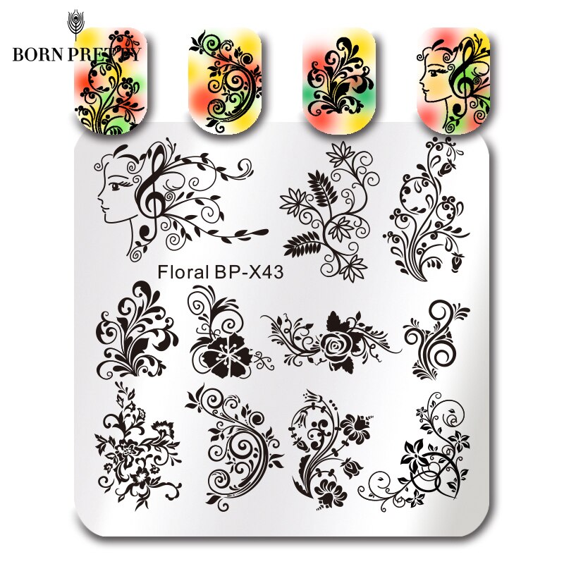 Født smuk firkantet negle stempel plade blomster rose frugt smuk blomst vinblade billede nail art billede skabelon stempel stencil