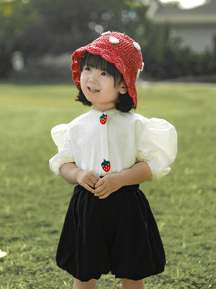 Camicia Casual a maniche a sbuffo per bambini colletto rialzato in pizzo nuova estate dolce neonata Top stile estero