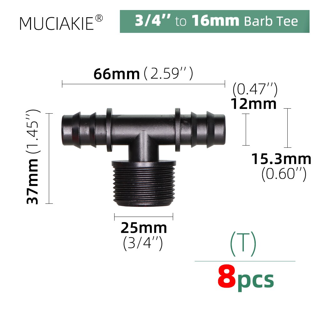 Drip Irrigation Water 16 20 25MM Barbed Connectors Tee Coupling Elbow Cap Plug End Kit 1/2 3/4&#39;&#39; Male Thread Tubing Hose Fitting: Tx8pcs
