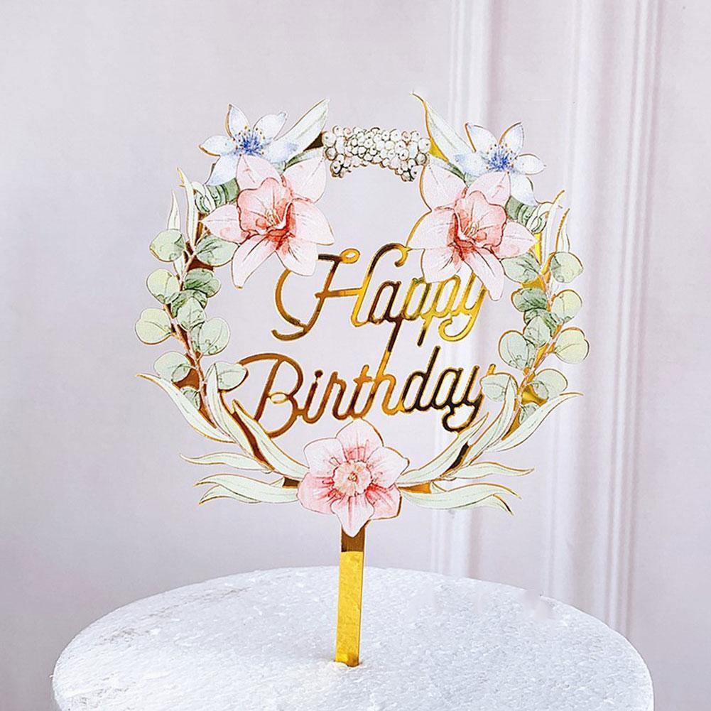 Happy Birthday Cupcake Toppers Colored Flowers Acrylic Baking Dessert Kids Party Decorations Supplies Topper Party Ca R9P5