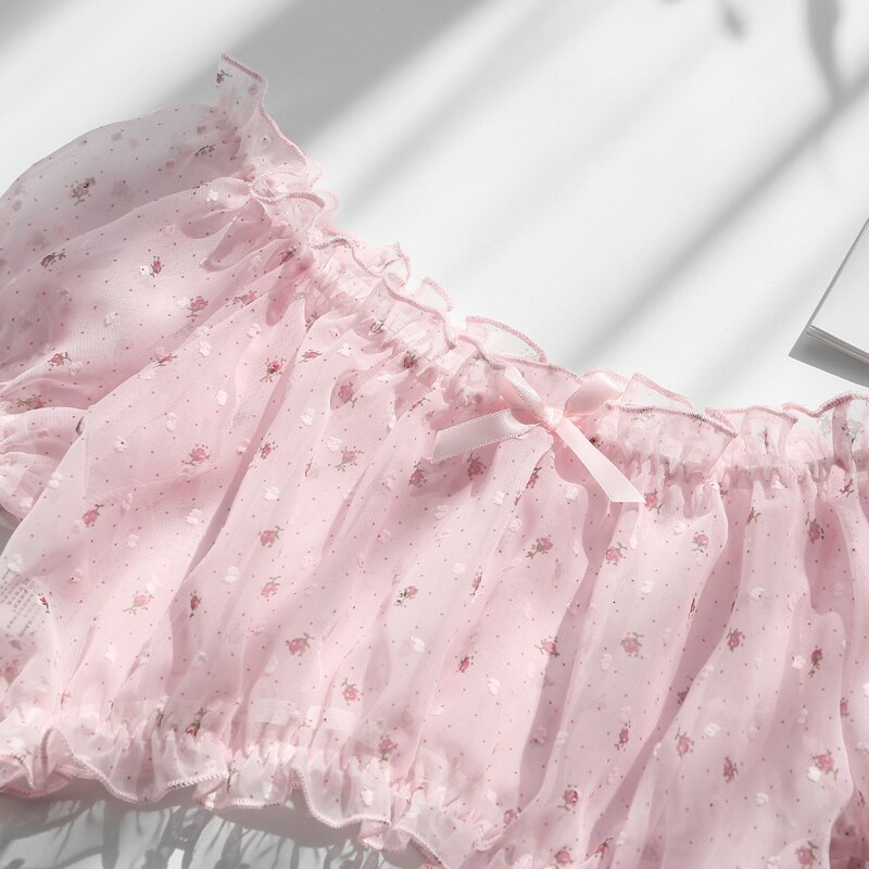 Pastal jente stil sexy undertøy undertøy gjennomsiktig blomster søt chiffon vakker tube topp bh truse ben ring 3 stk sett