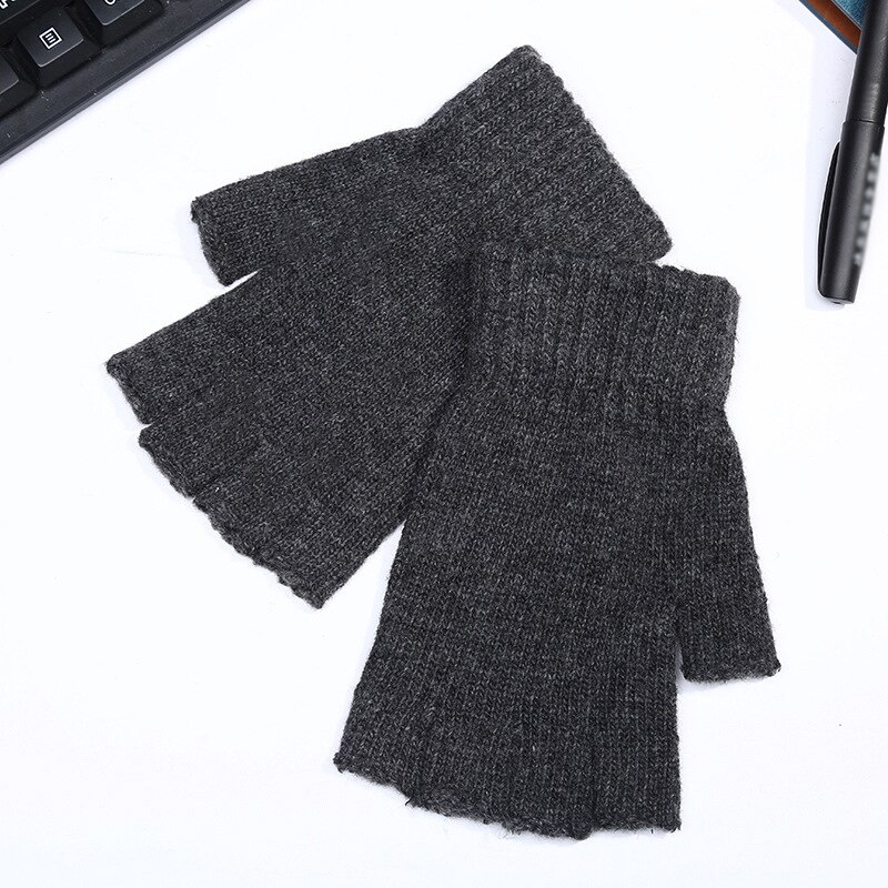 Vinter uld håndled håndvarmere fingerfri vante til mænd halvfinger handsker dække 1 par ensfarvet strikkede handsker: Mørkegrå
