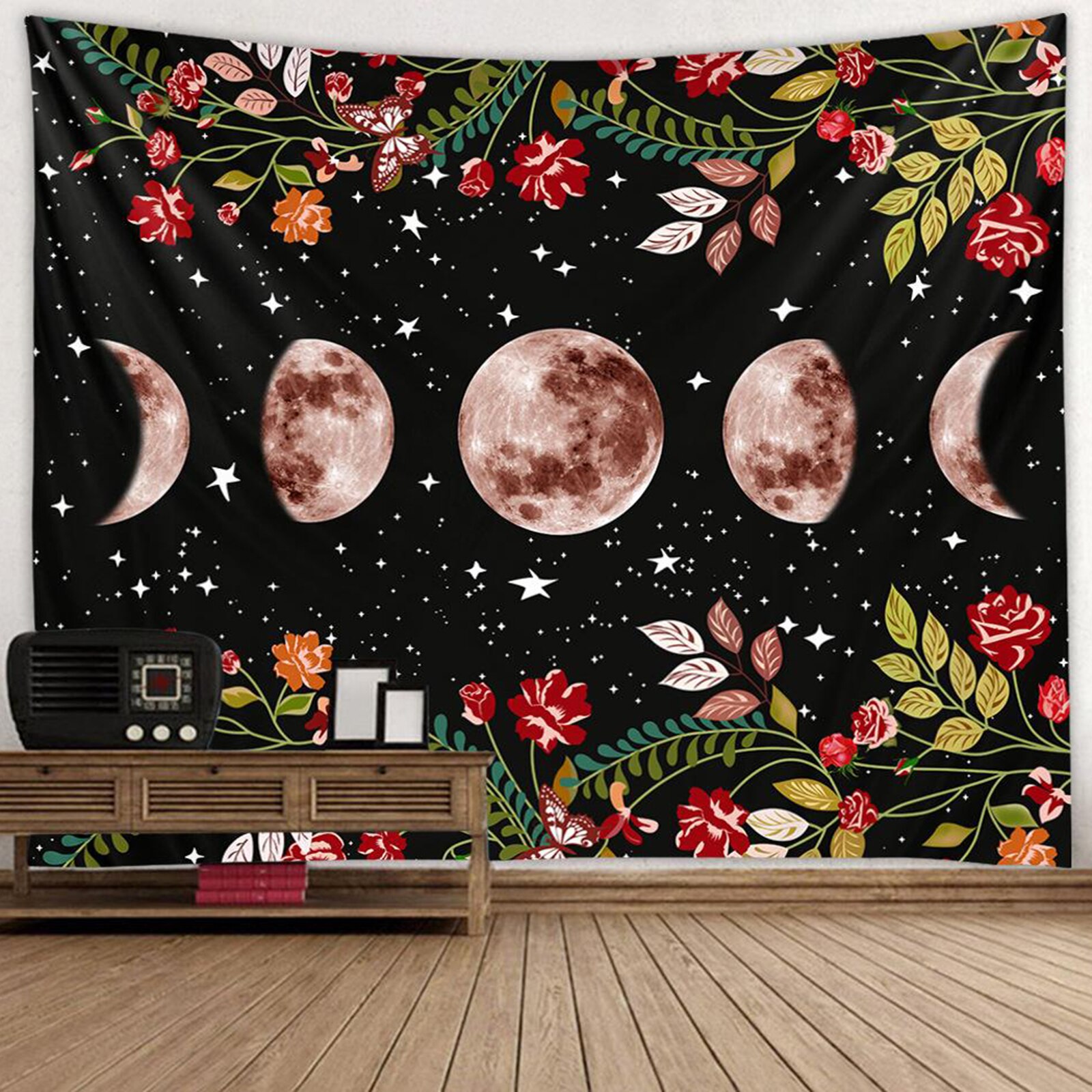 Garden Tapestry Moon Phase Surrounded by Vines and Flowers Black Wall Decor Tapestry: Style1 150x130cm