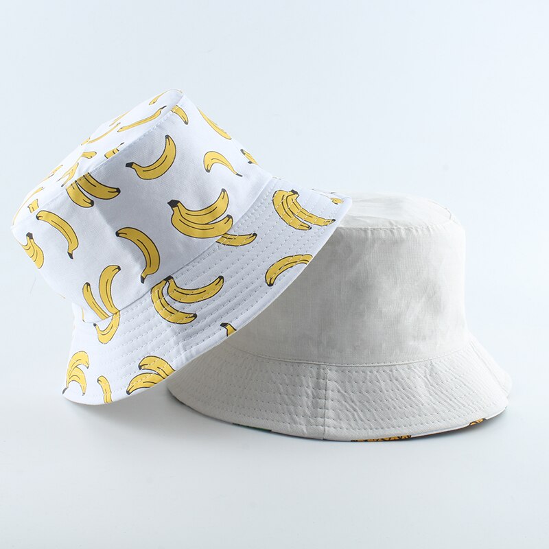 Panama bucket hat menn kvinner sommer bucket cap ananas banan trykk fisker hatt bob hiphop gorros reversibel fiske lue: Banan hvit