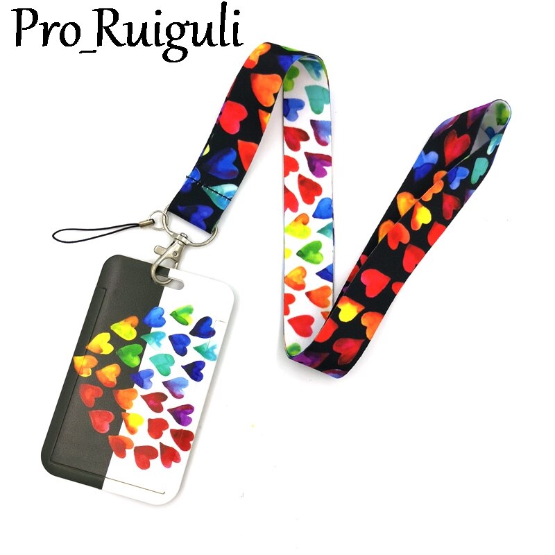 Kleurrijke Regenboog Liefde Harten Lanyard Credit Card Id Houder Tas Student Vrouwen Travel Card Cover Badge Sleutelhanger Accessoires