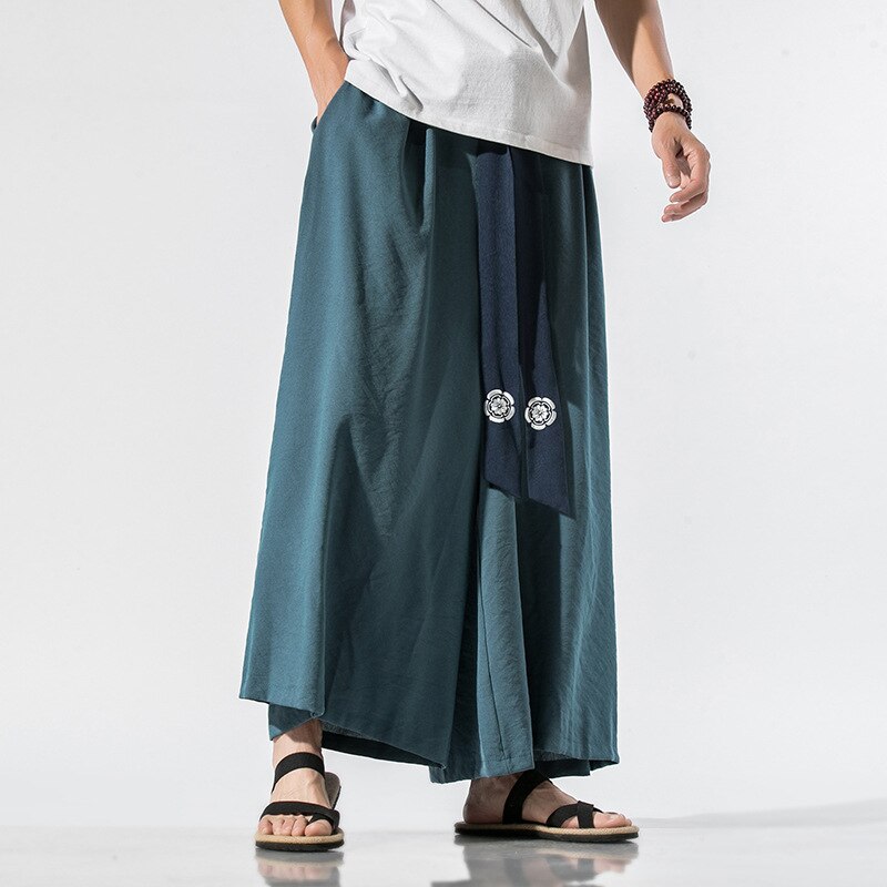 Japanese Traditional Samurai Style Kimono Loose Casual Wide Leg Pants for Men Streetwear Linen Male Solid Trouser Pants