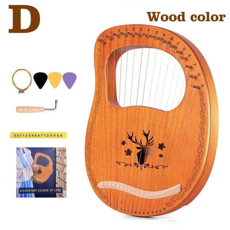 Harpe Lyre en bois à 16 cordes, boîte de résonance, Instrument à cordes avec clé de réglage, 3 choix, Instrument de musique à cordes pour enfants: D