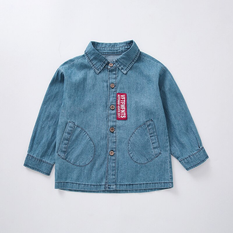 Ins baby drenge denim skjorte bomuld 3-13 år gamle langærmede skjorter børnetøj børnetøj trykt bogstav denim jakke: 7t