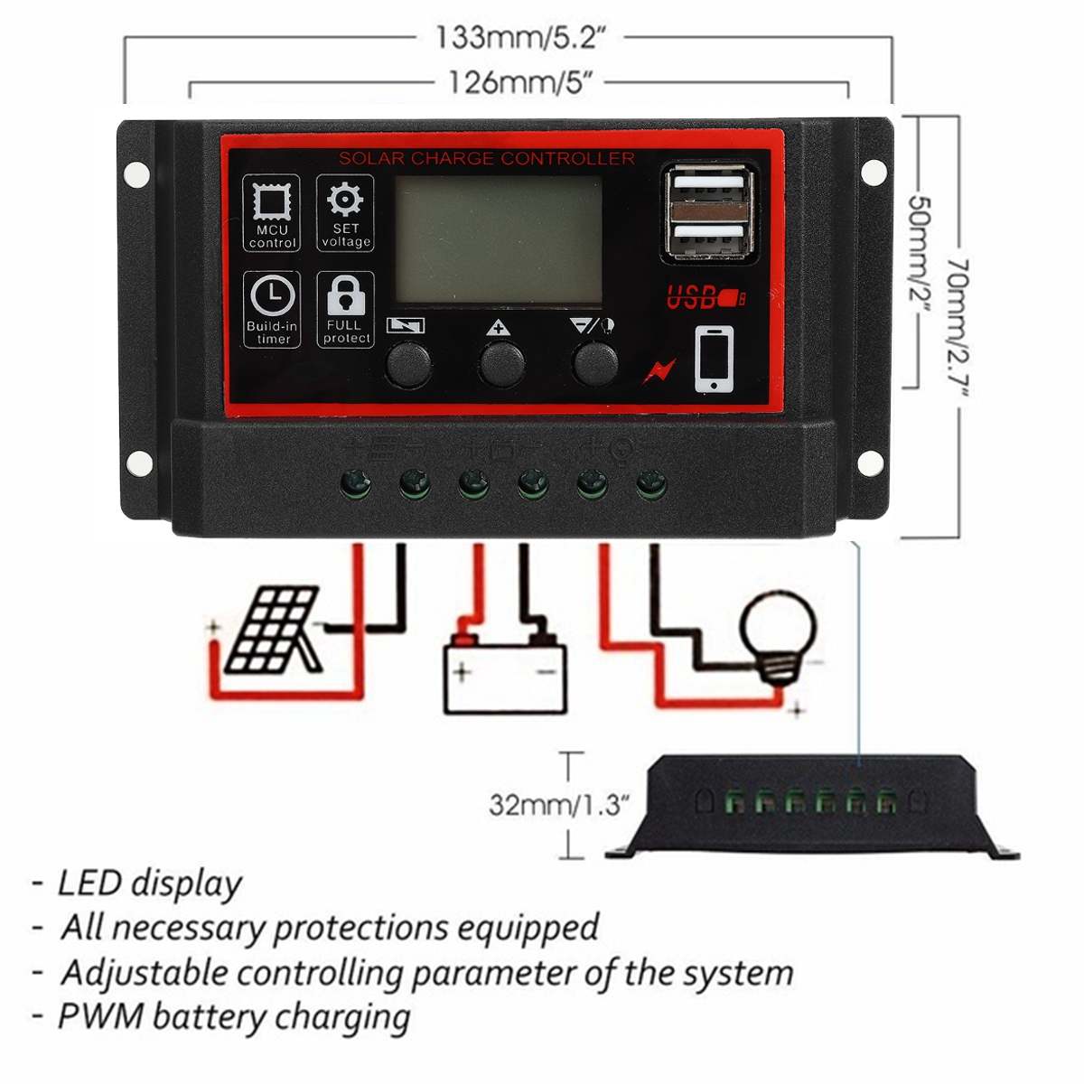30W 12V 24V Solar Panel with battery Clip+10/20/30 Solar Car Charger Controller Solar Cells Panel for Outdoor Camping Hiking