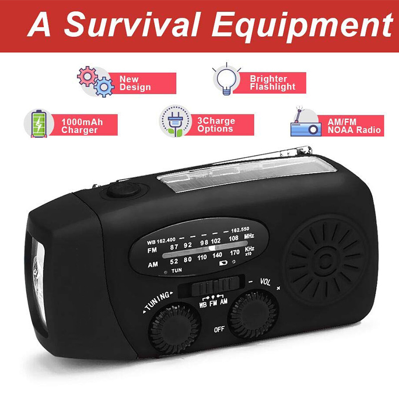 Radio solar portátil Radio FM de emergencia con Banco de energía de 1000mAh manivela autoalimentada AM/FM/NOAA radios con 3 linterna LED