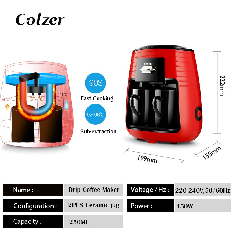 COLZER Coffee Machine Drip Machine For Coffee With 2 Cups Concentrated American Double Espresso Coffee Maker Machine For Home