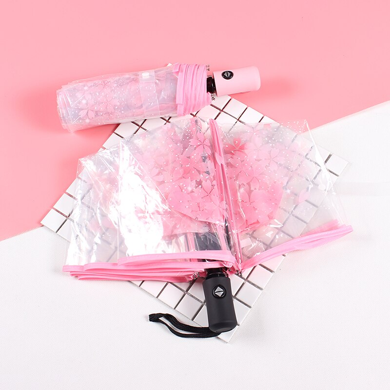 Japanese Cherry Blossom Transparent Umbrella Plastic Girl Female Cute Flower Rain Umbrellas 3 Folding Women Clear Umbrella Small