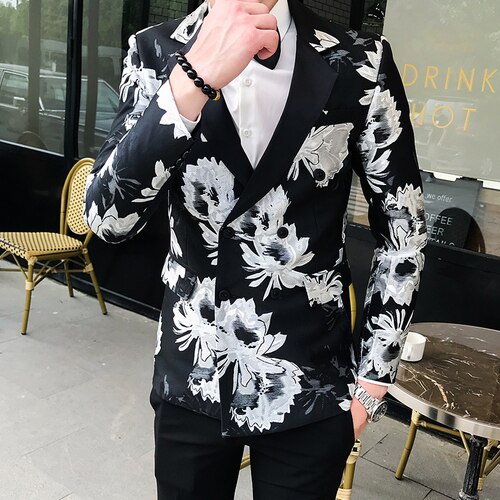 Blommig kavaj herr svart guldtryck slim kavaj dubbelknäppt gentleman wedding club casual kavaj: Vit / Asien 2xl 70-75kg