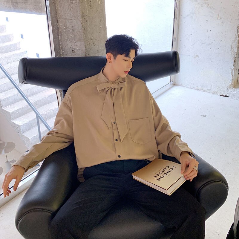 / herenkleding strik kraag gestreept overhemd lente zomer losse lange mouwen grote maten koreaanse tops casual tide 9 y 1721