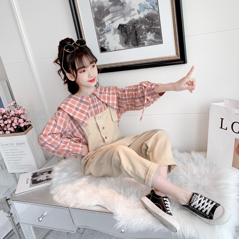 Spring Long Sleeve Korean Girls Clothing Set Kids Single-breasted Plaid Blouse Overalls Two-piece Sets Teen Child Clothes: 4T