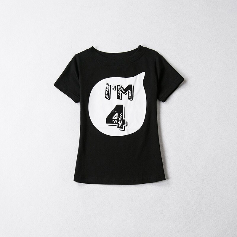 Unisex sommer t-shirt pige bomuld brev toppe baby pige tøj 1 2 4 år fødselsdag toddler dreng skjorter fest slid tøj: Sort 4