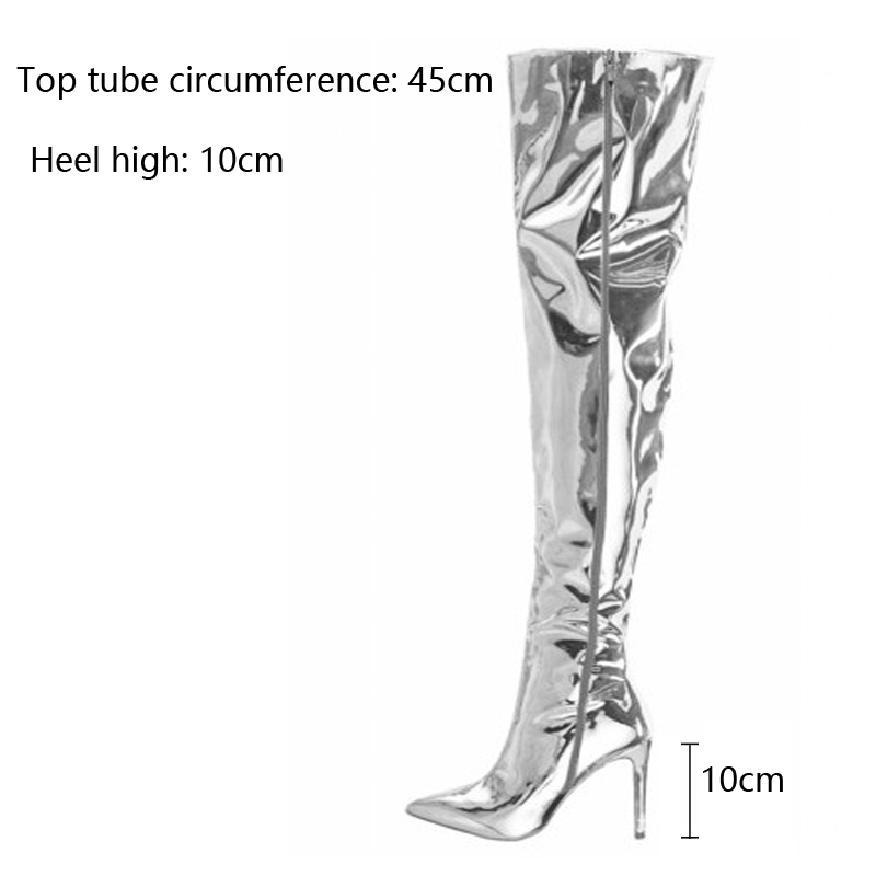 Bottes Punk à talons hauts et fins pour femmes, chaussures longues à plateforme miroir, bout pointu, au-dessus du genou, avec fermeture éclair, argentées, de fête, automne et hiver