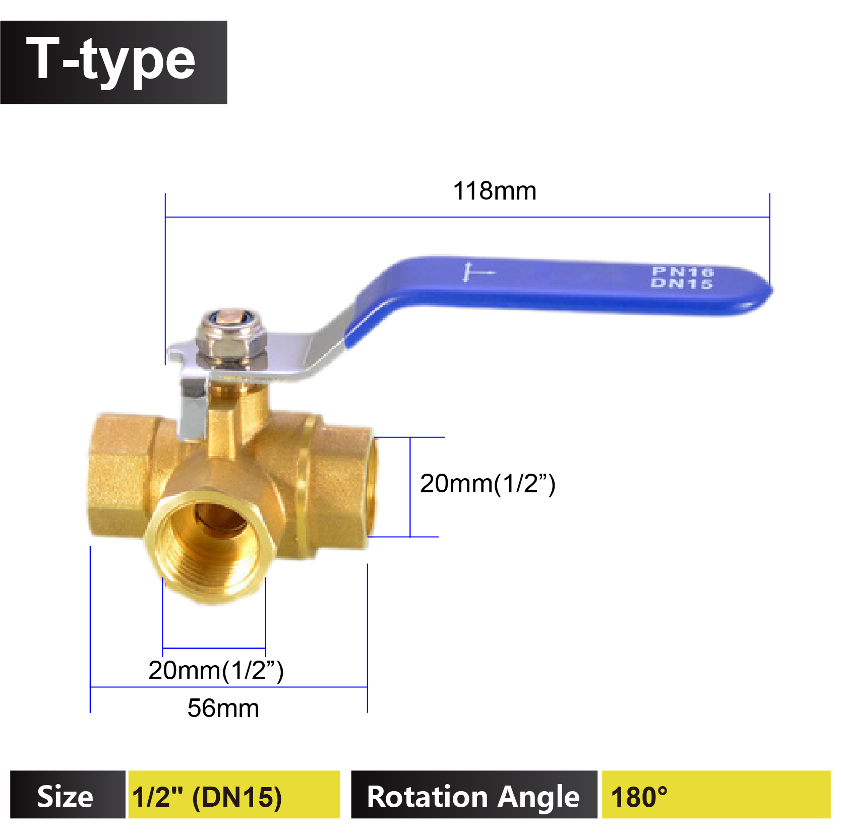 1/4 3/8 1/2 3/4 1 tomme messing 3- vejs ventil t-type l-type indvendig gevind kugleventil afspærring til vand, gas, hvac og vvs: Blå