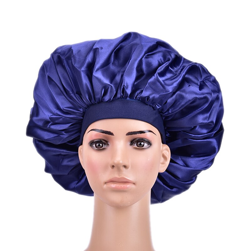 1PC Super Giant Sleep Cap Waterproof Shower Caps Female Hair Care Large Satin Silk Bonnet Luxurious Fabric Sleep Cap: deep blue