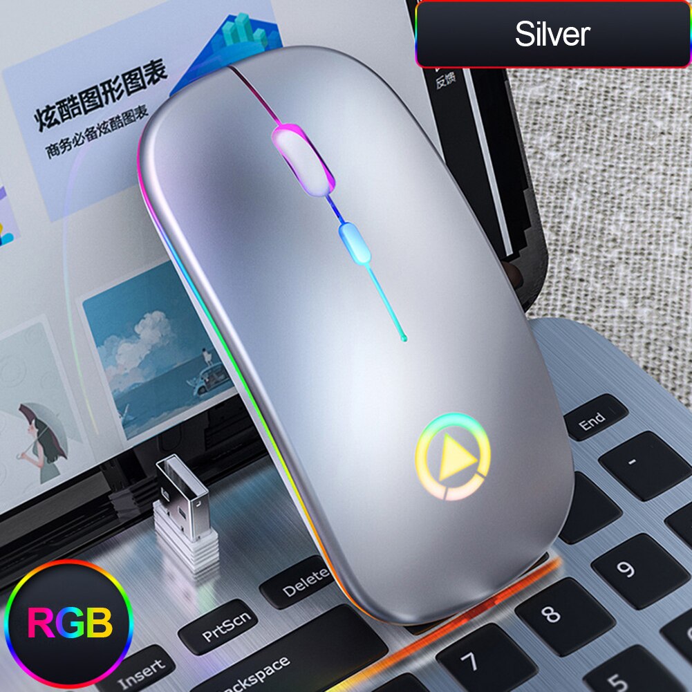 2,4 GHz RGB Drahtlose Maus Stille LED hinterleuchtet 1600DPI Ergonomische Maus USB Optische Wiederaufladbare Mäbenutzen Computer Maus Für PC Laptop: silber- single mode