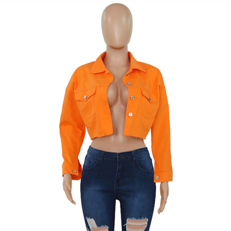 ANJAMANOR Jean Crop Bomber Jas Neon Snoep Effen Kleur Denim Jassen en Jassen Vrouwen Wind Breaker Lange Mouw Bovenkleding D52AE2