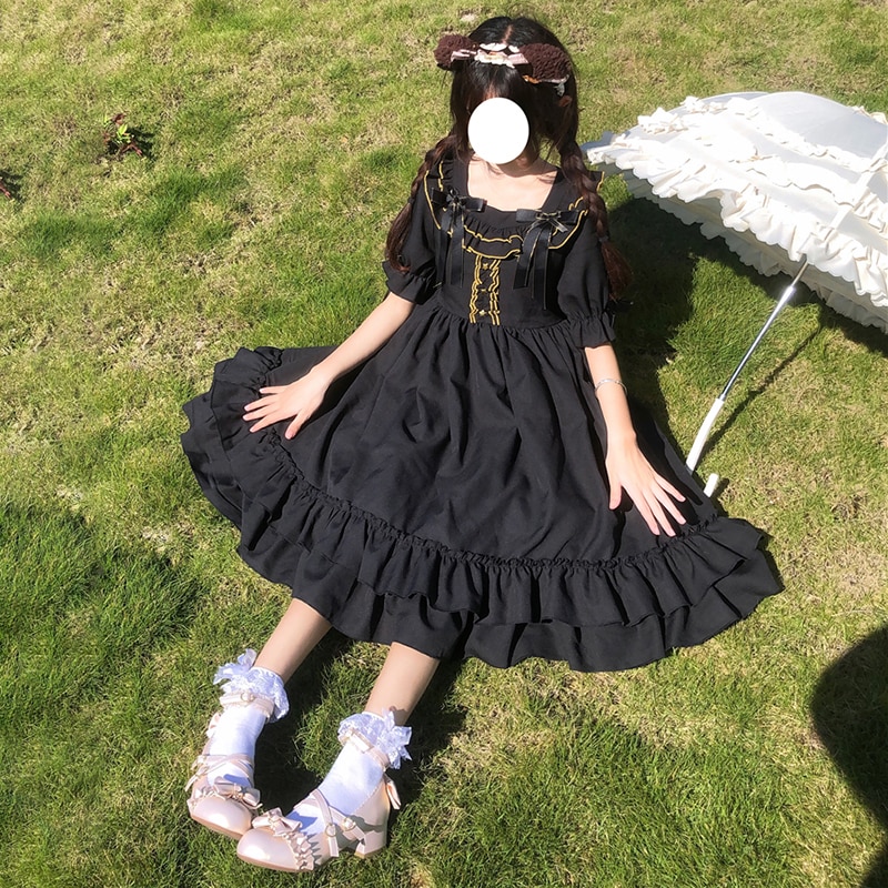 Kawaii lolita klær viktoriansk gotisk kvinner kortermet svart lolita kjole japansk søt stil goth halloween lolita  bl4341