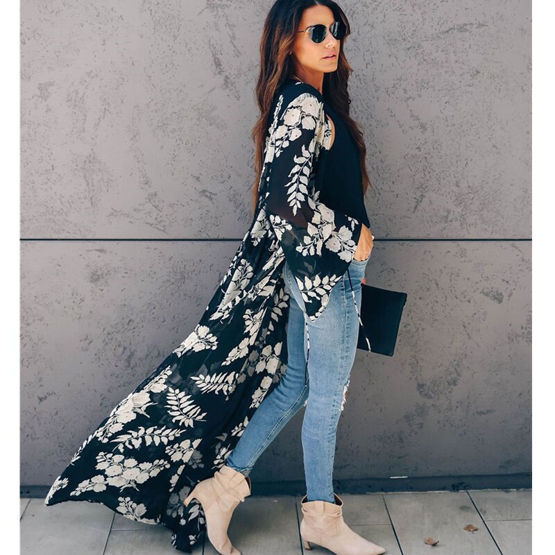 Bikini cover-ups boho printet lang kimono cardigan plus size hvid sort chiffon tunika dame strand wear badedragt cover up  a225