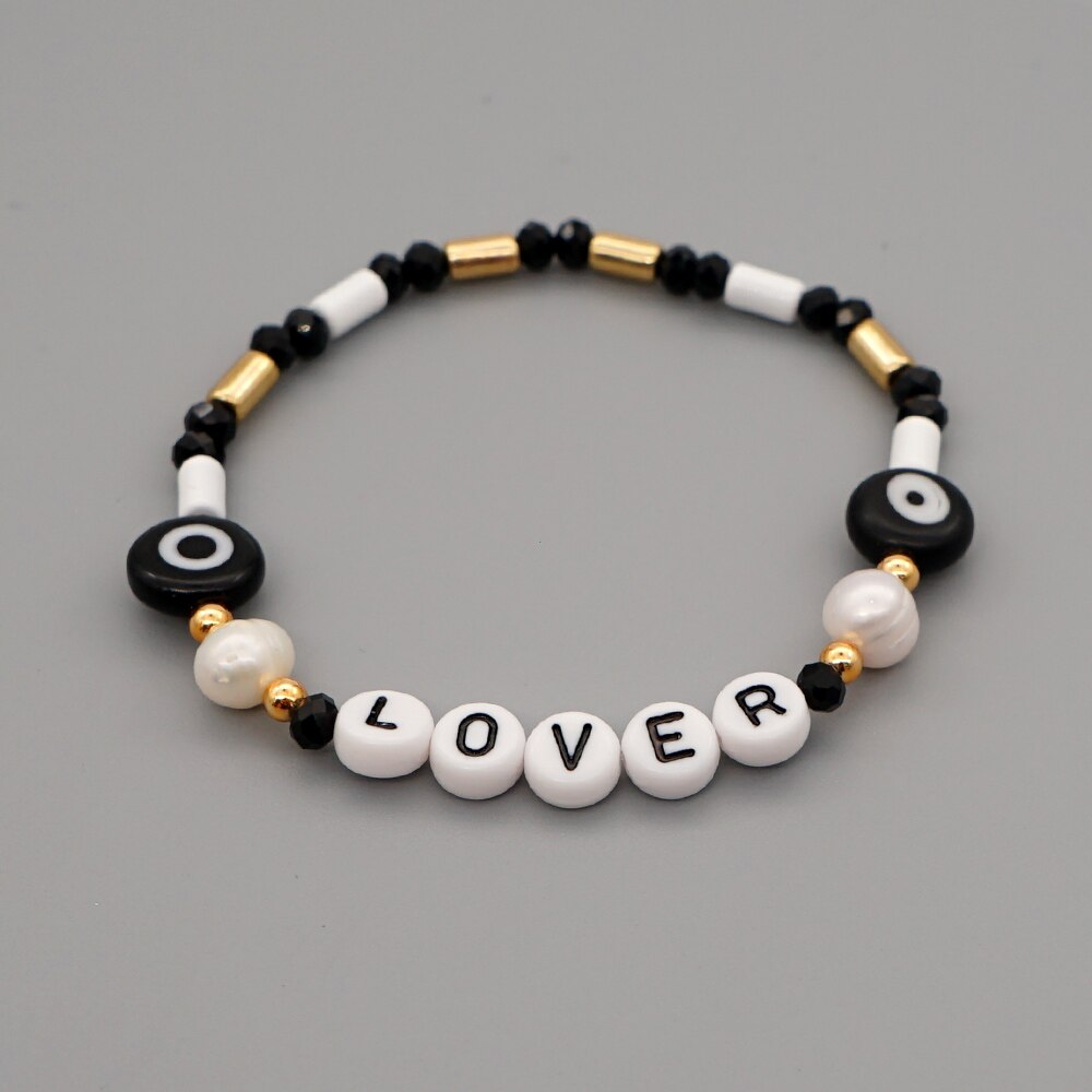 Shinus LOVER Letter Bracelets Enamel Tube Beaded Bracelet For Women Evil Eye Pearl Crystal Pulsera Mujer Summer Jewelry